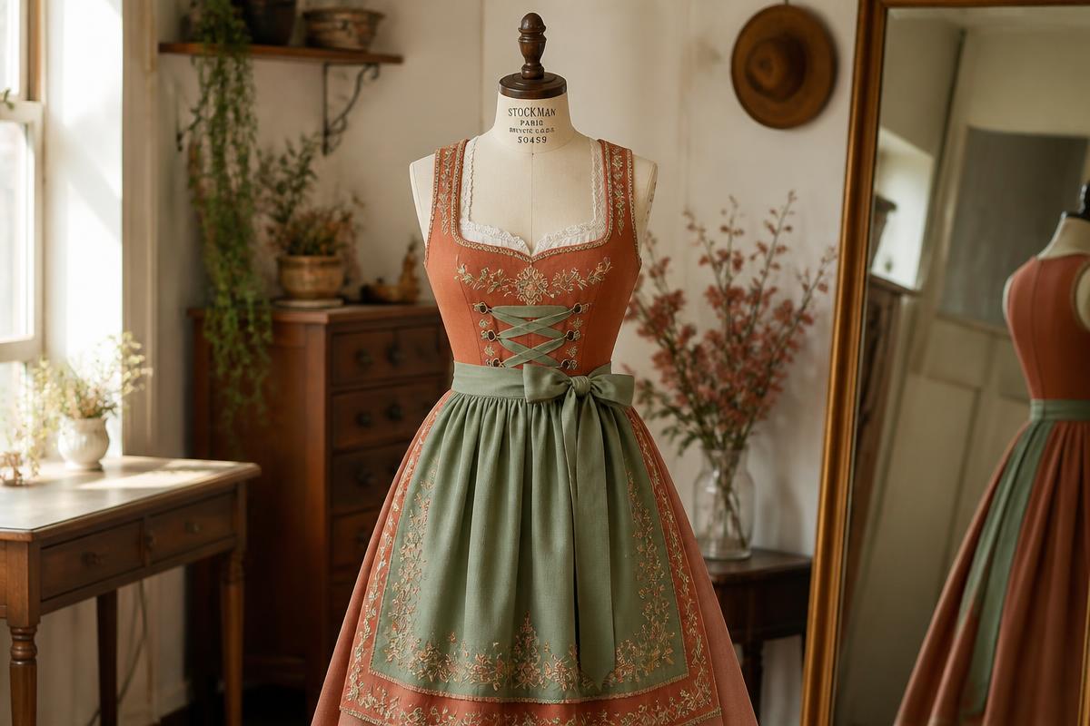 Vestido Dirndl em tons terracota e sálvia com bordados florais